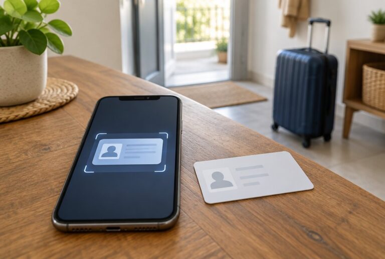 Smartphone con scansione del documento per il check-in online degli ospiti