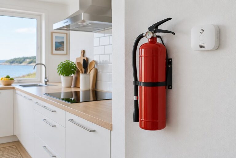 Estintore e rilevatore di gas e monossido in una cucina di un affitto breve