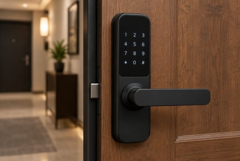 Serratura smart con tastierino su una porta di appartamento