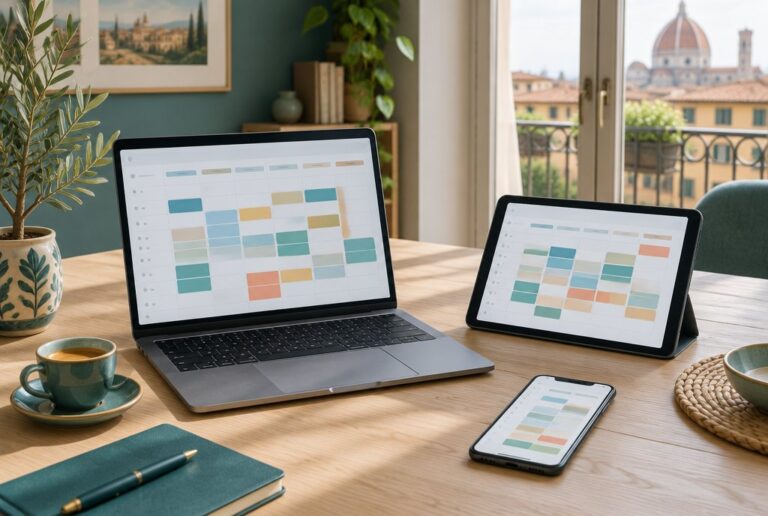 Laptop, tablet e smartphone con i calendari delle prenotazioni